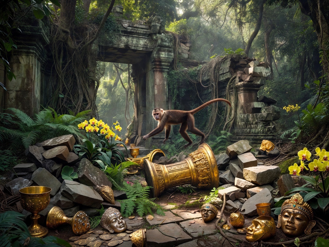 A wild monkey navigating ancient golden treasure temple ruins in a dense tropical jungle