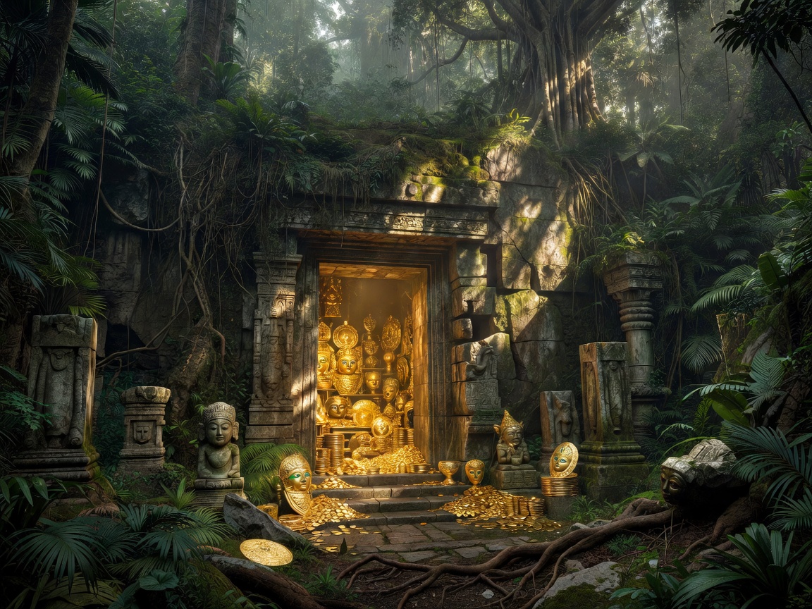 AAA cinematic ancient jungle treasure vault entrance with glowing gold artifacts and stone ruins